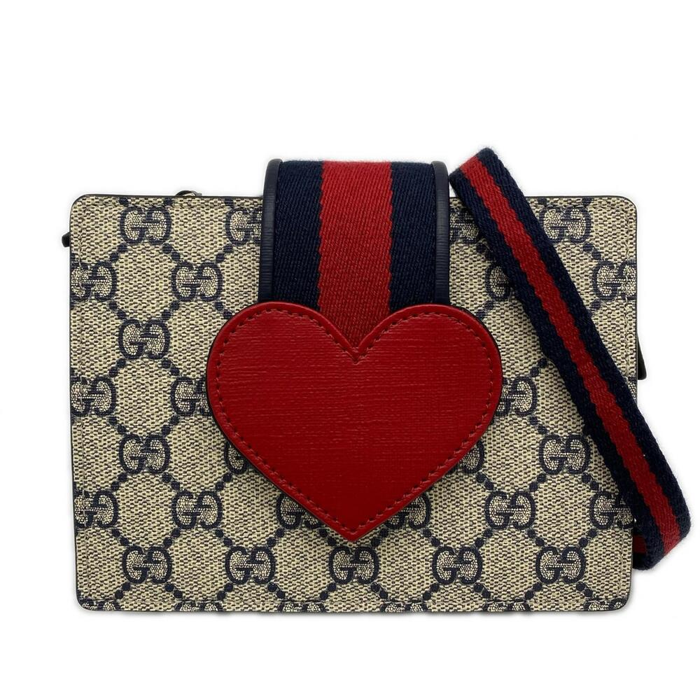 Gucci Leather Red Blue Canvas Shoulder Bag Beige Navy GG Heart Blue Tan